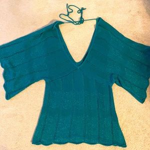 Metallic Green double V-neck sweater top.